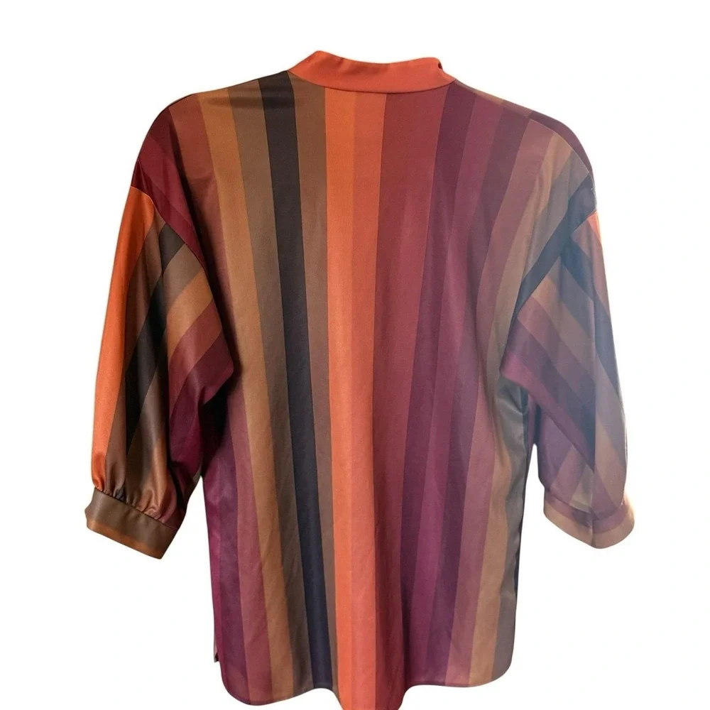 Vintage 70s Sears Blouse Small Top Balloon Sleeve Mandarin Collar Disco Striped - Picture 3 of 16